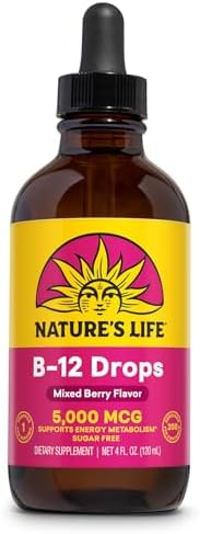 Nature's Life B12 Drops 5000 mcg - Vitamin B12 Methylcobalamin - Liquid B12 Supplement for Energy Metabolism, Nerve Function and Red Blood Cell Support Natural Mixed Berry, Sugar Free (200 Serv, 4oz)