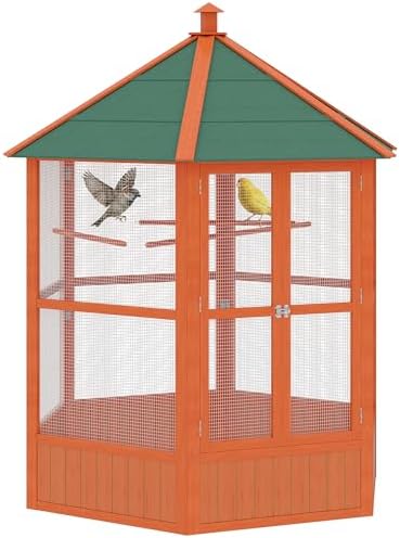 PawHut 44" Hexagon Covered Canopy Bird Cage with Stand Orange | Portable Aviary Flight Cage for Cockatiels, Conures, Lovebirds, Budgies & Small Birds