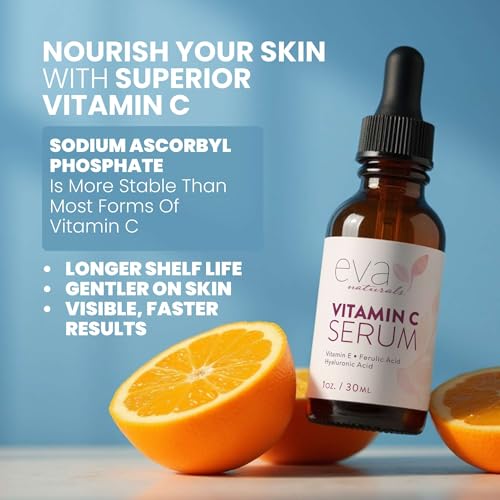 Eva Naturals Vitamin C Serum 20%, Hyaluronic & Ferulic Acid, 1 oz | Vitamin E, dark spots, acne, anti-aging, glow, even skin tone
