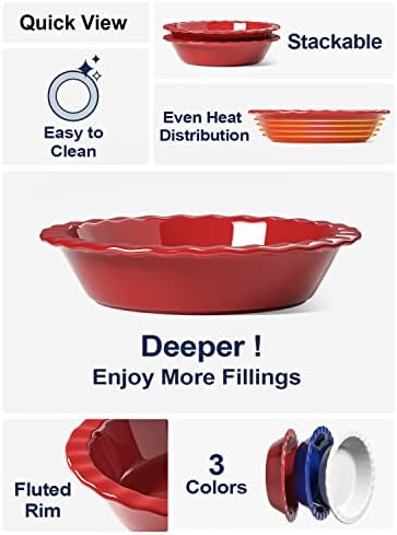 LE TAUCI Ceramic Pie Pans Plate for Baking, 9 inch Deep Dish Baking Dish, 52 ounce Bakeware for Apple Pecan Pie, Set of 2, White