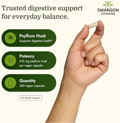 Swanson Psyllium Husk Dietary Fiber Supplement, 610 mg, 300 Capsules | Promotes Overall Health and Easier Elimination, Supports a Feeling of Fullness and Satiation, Plant-Based Dietary Fiber