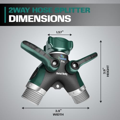 Hose Splitter 2 Way Heavy Duty Outdoor Faucet and Garden Connector - Water Spigot Splitter - Durable All-Metal Y Adapter with Shut-Off Valve - 4 x 4 x 1.5 Inches