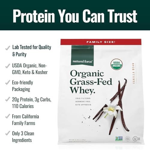 Natural Force Grass Fed Organic Whey Protein Powder – Non GMO Verified, Humane Certified & Lab Tested for Toxins – Real Vanilla Flavor – Keto Friendly, Low Carb, and Kosher - 16 Ounce A2 Protein