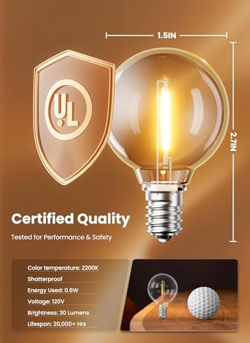 Brightown 25 Pack G40 LED Replacement Bulbs, E12 Base, 2200K, Warm White | Shatterproof Plastic LED Light Bulb, Waterproof, Dimmable, 1.5" Edison Light Bulbs for Indoor Outdoor Patio Backyard Decor