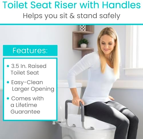 Vive Raised Toilet Seat Riser for Seniors (with Handles) - Handicap Rail | Grab Bar Seat for Over Toilet - Elevated Safety for Elderly, Disabled, Medical - Elongated