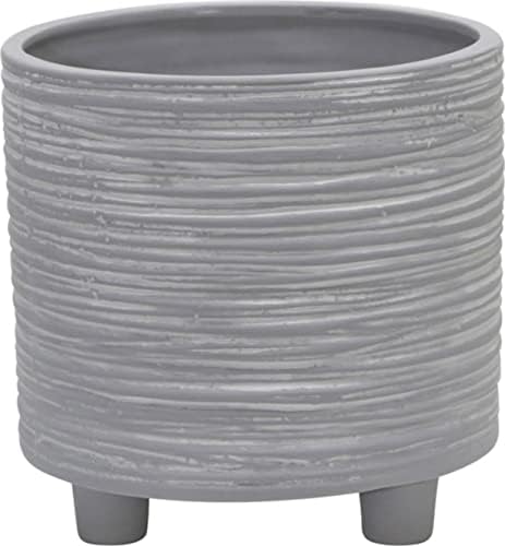 Set of 2 Footed Planters with Ridged Lines Accent – Ceramic Stoneware Outdoor & Indoor Plant Pot – Modern Garden & Home Decor Ceramic Planters