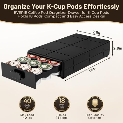 EVERIE Coffee Pod Organizer Drawer for Keurig K-Cup Pods, Holds 18 Pods - Compact, Easy-Access Design with Smooth Glide