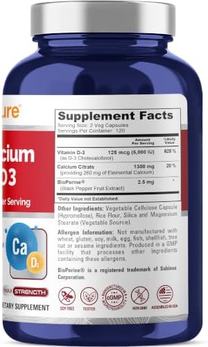 Super Calcium with Vitamin D3 Non GMO 1300 mg 240 Veg Capsules -120 Serves | Calcium Citrate Complex, Supports Nutritional Supplementation, Vegan