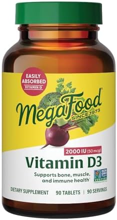MegaFood Vitamin D3 2000 IU (50 mcg), Bone & Immune Health, 60 Tablets | Vitamin D3 Daily Support for Bone, Teeth, Muscle & Immune Health, Plus Real Food, Non-GMO, Vegetarian, 60 Servings