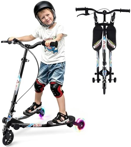 Swing Scooter for Kids, 3 Wheels Foldable Wiggle Kick Scooter Push Drifting with 4 Adjustable Handlebar & 2 Rear LED Wheel for Boys and Girls Ages 3-8