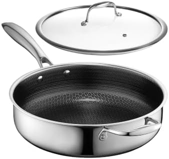 HexClad 4.5 Qt Hybrid Nonstick Deep Sauté Frying Pan & Lid, Induction Ready | Stay-Cool Handles, Dishwasher and Oven Safe up to 900°F, Compatible with All Cooktops