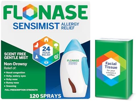 Flonase Sensimist Allergy Relief Nasal Spray, 120 Sprays | Tissues Included, Fluticasone Propionate Nasal Spray, Multi-Symptom Relief, 24-Hour Non-Drowsy Allergy Relief