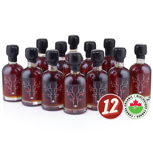 Escuminac Canadian Maple Syrup, Late Harvest Dark Robust Taste, Pure & Organic. Mini Glass Bottles 12 x 50ml, Bulk Format for Party Favors, Wedding