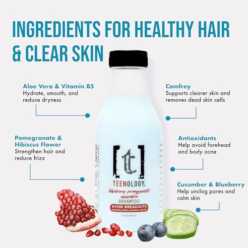 Teenology Teen Shampoo – Avoid Acne Breakouts, Sulfate & Paraben Free | Blueberry Pomegranate Cucumber – Free of pore-clogging oils – non-comedogenic formula with botanicals for acne-prone skin