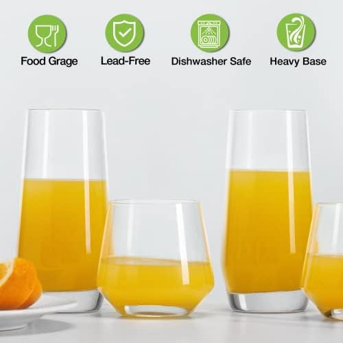Mfacoy Drinking Glasses Set of 8-4 Tall Glass Cups 18 oz & 4 Short Stemless Wine Glasses 13 oz, Highball Glasses, Glassware Sets for Cocktail, Beer
