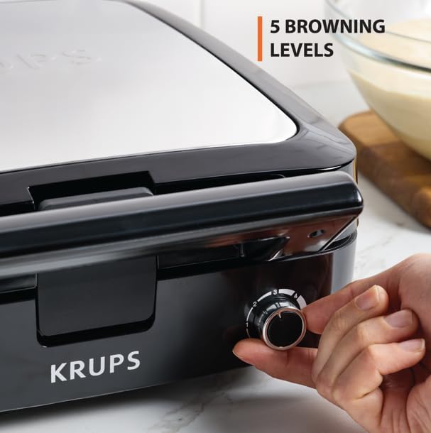 KRUPS 4-Slice Belgian Waffle Maker: Stainless Steel, 5 Browning Levels, Audible Ready Beep, Removable Plates, 1200W, Silver/Black, Large Waffle Maker Family Size, Great for Family Breakfasts