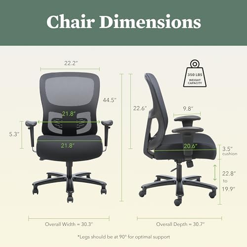 HON Sadie Big and Tall Ergonomic Office Chair, Heavy Duty Desk Chair, Black | Big and tall ergonomic office desk chair for desk work, lumbar support, adjustable arms, mesh comfort, 350 lb capacity