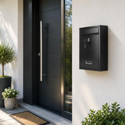 KYODOLED Mailbox for Outside, Wall Mount Locking Mailbox, Security Drop Box with Key Lock for Letters, Cash, Cards, Steel Mail Box for House Office School, 12.4H x 8.54L x 3.35W Inches, Black