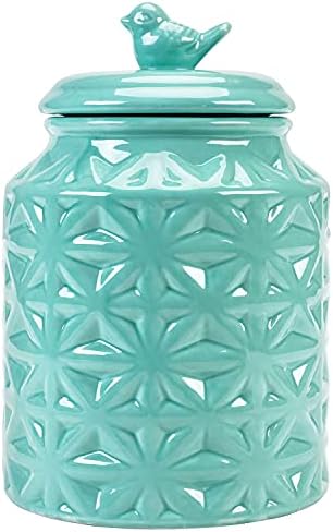MyGift Vintage Turquoise Ceramic Kitchen Jar with Lid, Cookie Jar Storage Containers Airtight with Embossed Star and Bird Design