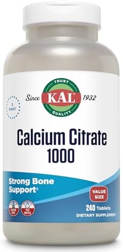 KAL Calcium Citrate 1000mg, Calcium Supplements for Women and Men, Bone Health, Teeth, Nervous, Muscular & Cardiovascular System Support, Gluten Free and Lab Verified, 60 Servings, 180 Tablets | Bone, Teeth, Muscle & Heart Support - Chelated Calcium Citr…