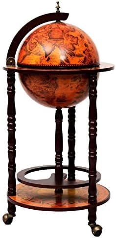 LUARANE 17” Wooden Wine Bar Stand Cart, Movable 16th Century Italian Replica Liquor Bottle Shelf Cabinet w/ Bottom Shelf & Wheels