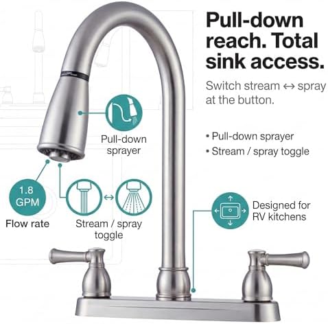 Dura Faucet DF-PK350L-SN RV Pull-Down Kitchen Sink Faucet (Satin Nickel) | Stream-to-spray sprayer with a corrosion-resistant non-metallic build. Brushed Satin Nickel. Plated ABS plastic (not metal).