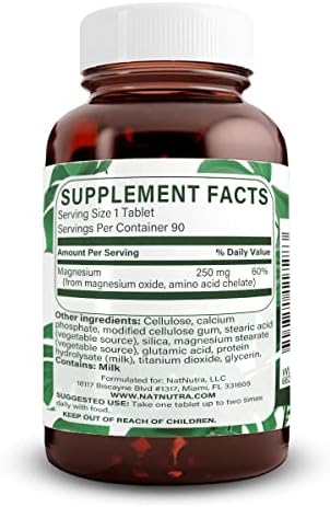 Natural Nutra Chelated Magnesium Oxide 250 mg - High Absorption for Strong Bones, Heart Health, Dental Health, Energy Boost, Gluten-Free, Non-GMO, 180 Tablets in BPA-Free Recyclable Glass Bottles