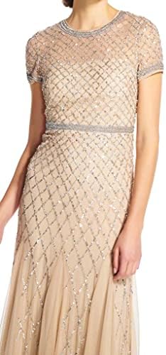 Adrianna Papell Womens Short-Sleeve Grid Beaded Gown