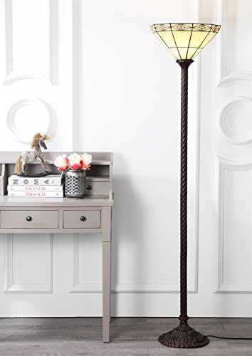 JONATHAN Y Moore Tiffany Style Torchiere Floor Lamp 68.57" Metal, Bronze | Handcrafted Multi-Color Stained Glass Bowl Shade