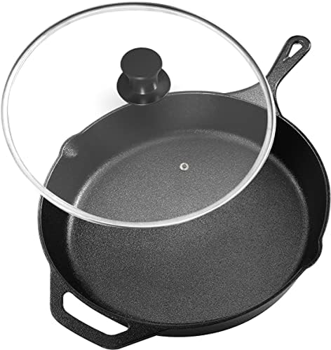 Utopia Kitchen Cast Iron Skillet 12 Inch with Lid Chefs Frying Pan Black | Chefs Pan, Pre Seasoned Skiller, Indoor and Outdoor Use, Grill Safe Cookware, Even Heat Distribution, Durable