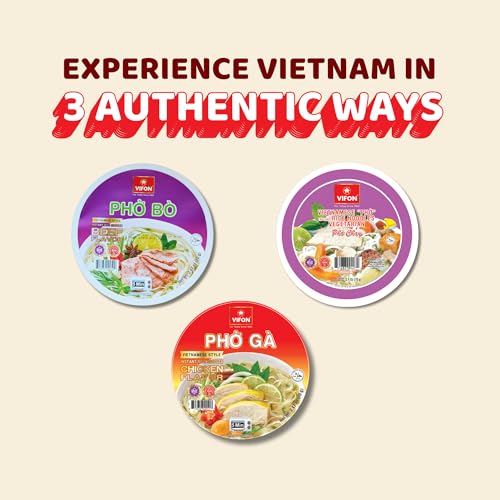 VIFON Pho Bo Vietnamese Beef Flavor Rice Noodle Bowl, 70g (Pack of 12) | Authentic Vietnamese Instant Pho | Halal Certified | Includes Seasoning & Oil Packets | Ready in 3 Minutes