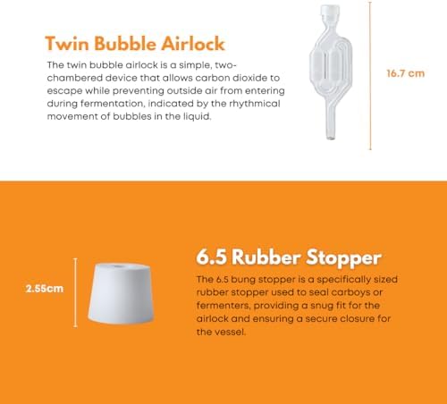 1 Gallon Glass Jug with Airlock, #6.5 Rubber Bung and Twin Bubble Design | Clear Fermentation Jug for beer, wine, cider & kombucha | Reusable food-grade construction for home brewing | Glass Fermenter