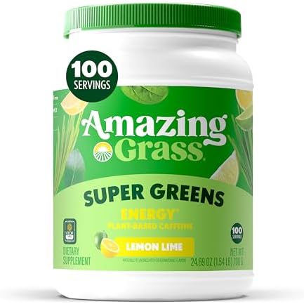 Amazing Grass Super Greens Powder Energy Lemon Lime, 30 Servings | Organic Energy Greens Powder with Plant-Based Caffeine, Yerba Mate & Green Tea Leaf for Sustained Energy & Focus