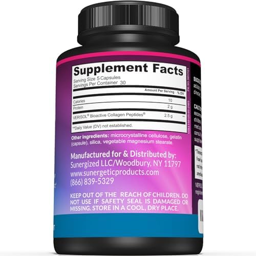 Sunergetic Premium Collagen Peptides Capsules – 2500 mg of VERISOL Collagen Peptides Type 1 & Type 3 – Multi Collagen Supplement to Support