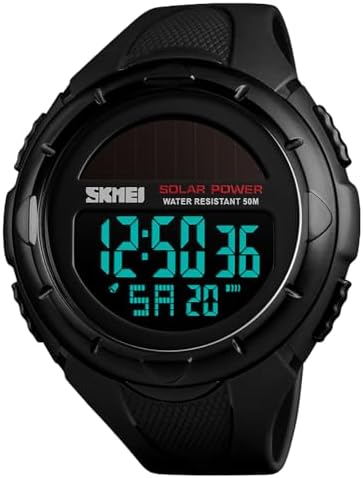 MASTOP Solar Powered Energy Watch for Men Military Digital Multifunctional Led Luminous Indication 2 Time Zone 50m Waterproof Watch Reloj Solar para Hombre