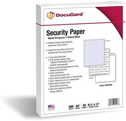 DocuGard Advanced Blue Multi-Purpose Security Paper - Fraud Prevention - 7 Security Features - Laser & Inkjet Printer Compatible - 8.5" x 11“ - 24 lb - 500 Sheets (04546)