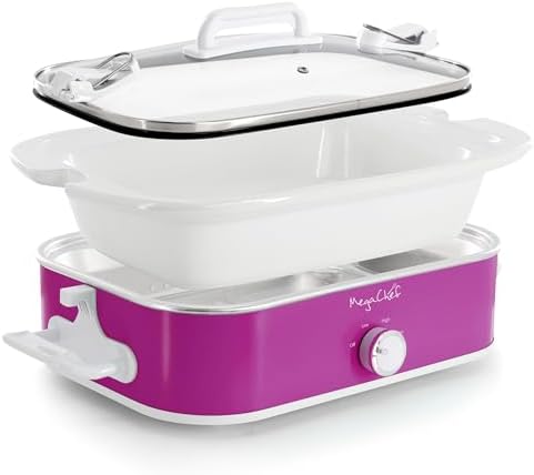 MegaChef 3.5 Quart Rectangle Casserole Slow Cooker with 3 Temperature Settings, Carry Handles and Locking Tempered Glass Lid (Cream)