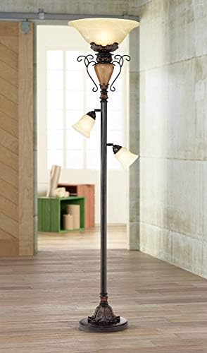 Ludo 72" Tall Bronze Crackle Tree Torchiere Floor Lamp Living Room | Vintage Traditional Antique Adjustable Alabaster Glass Shades Slide Dimmer