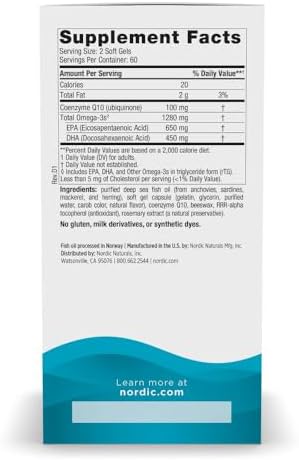 Nordic Naturals Ultimate Omega + CoQ10, Lemon - 60 Soft Gels - 1280 mg Omega-3 + 100 mg CoQ10 - Heart Health, Cellular Energy, Antioxidant Support - Non-GMO - 30 Servings