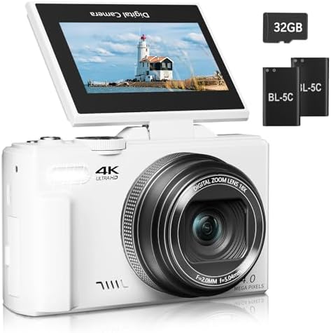 Digital Camera for Photography, 4K Vlogging Camera for YouTube 3" 180° Flip Screen 18X Digital Zoom Compact Retro Cameras with 32GB TF Card & 2 Batteries, Black