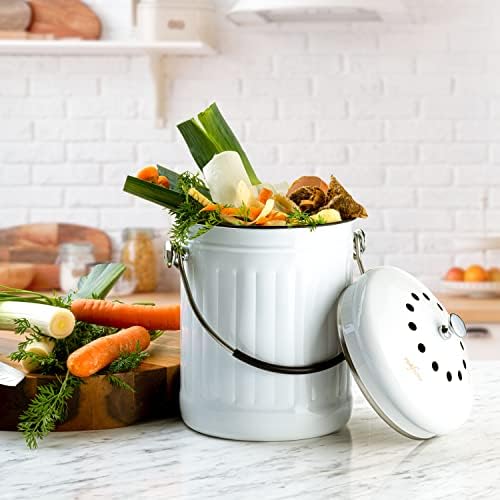 RED FACTOR Premium Compost Bin for Kitchen Countertop - Stainless Steel Food Waste Bucket with Innovative Dual Filter Technology - Includes Spare