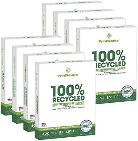 PrintWorks 100% Recycled Printer Paper 8.5" x 11" White - 20 lb Copy & Multipurpose Computer Paper - 1 Pack, 400 Sheets - Made in the USA - 92 Bright - Printer & Copier Compatible (00018)