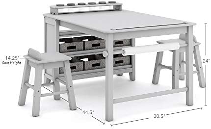 Martha Stewart Kids' Art Table and Chair Set - Linen White: Wooden Kids Play Table for Arts and Crafts | Coloring Desk with Paint Cups