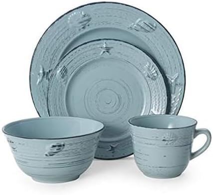 Pfaltzgraff Trellis White 16-Piece Stoneware Dinnerware Set, Service for 4, Distressed White Finish, Microwave & Dishwasher Safe Plates and Bowls