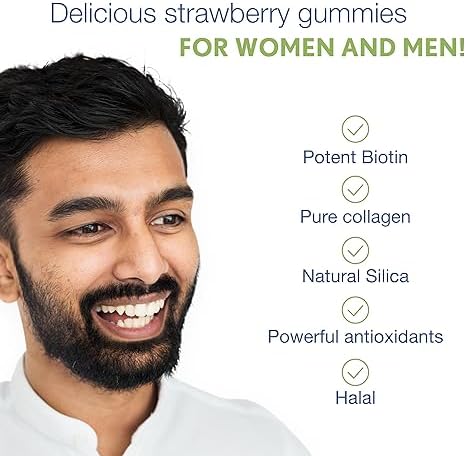 Noor Vitamins Halal Hair Vitamins Biotin, Collagen, Silica, Vitamin C & E Supports Hair, Skin & Nail Health, Natural Strawberry Gummy Vitamins. GMO
