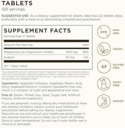 Solgar Magnesium Citrate, 120 Tablets - Promotes Calm, Non-GMO, Gluten Free | Supports Muscle Function and Relaxation, Gluten Free - 120 Tablet Serving