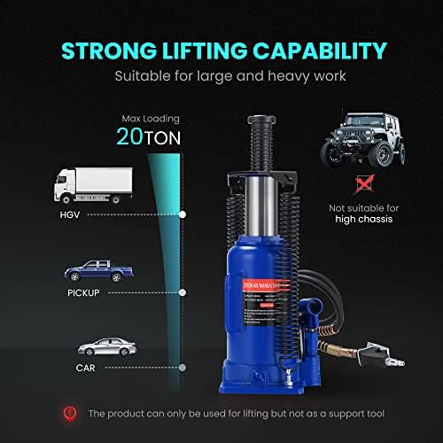 SPECSTAR Pneumatic Air Hydraulic Bottle Jack with Manual Hand Pump 20 Ton