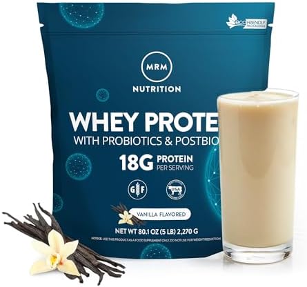 MRM Nutrition Whey Protein - Vanilla Flavored, BCAAs - 34 Servings | Microfiltered Whey Protein Isolate & Concentrate, 16 Different Probiotic Strains, & Digestive Enzymes, Gluten Free
