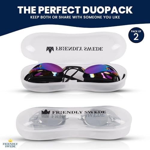 The Friendly Swede Goggles for Women & Men, 3 Nose Pieces & Case | 2 Pack, Wide Angle Lens, Anti Fog Swimming Goggles, 3 sizes of Interchangeable nose bridge (S, M, L), White/Black