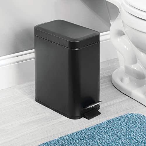 mDesign Metal Freestanding Slim Toilet Bowl Brush and Holder + Rectangle Narrow 5 Liter / 1.3 Gallon Step Pedal Trash Can Wastebasket for Bathroom